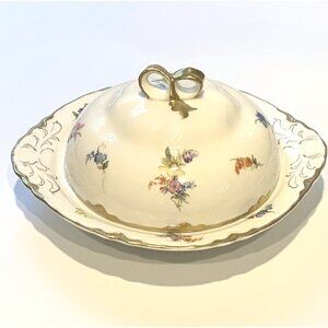 Vintage Dresden By Warwick Round Porcelain Floral Butter Dish With Lid & Gold Ha